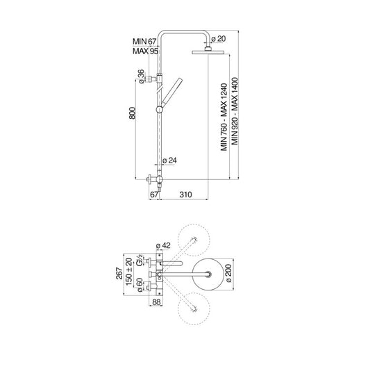 Colonne de douche thermostatique, VE125030/50IX Inox